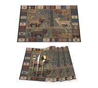 Brown Rustic Forest Animal Bear Elk Plaid Vinyl Placemats Set of x4 for Dining Tables,Kitchen Table Mats Heat Resistant Washable Wipeable PVC Place Mat