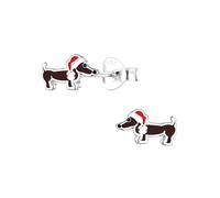 Brown Sausage Dog Christmas Earrings Wearing Santa Hat 925 Sterling Silver