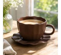 Brown Scallop Edge Ceramic Mug and Matching Saucer Set for Tea, Coffee Elegant Everyday Cup with Decorative Wavy Design for Home, Kitchen and Café Use-A12
