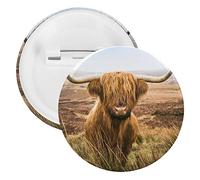 Brown Scottish Highland Cow in Field 1 PC Round Tinplate Badge, Badge Lapel Tie Pin, Lightweight Button Badge for Women Men Office Worker Teacher Student Decor