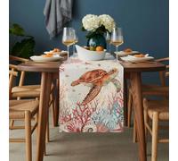 Brown Sea Turtles Table Runner 13x120 inch Summer Ocean Red Marine Life Corals Shells Cotton Linen Dining Table Runner Ideal for Dresser Kitchen Coffee Tables - Machine Washable