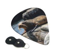 Brown seal on the rock Guitar Picks 6 Pcs, 0.46mm Thickness Celluloid Plectrum with Leather Picks Holder, Personalized Guitar Pick for Bass Electric Acoustic Guitars Lovers Gift