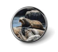 Brown Seal on The Rock Round Badge Brooch Fashion Lapel Tie Pins Lightweight Metal Brooch Badge For Men Women Costume Decorative Accessory