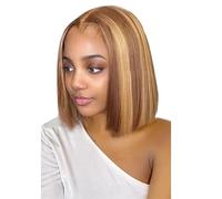 Brown Short Wigs for White Women 12inch Layered mix Blonde Mid-length Bob Wig with Bangs Straight Heat Synthetic Natural Daily Party