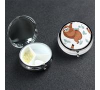 Brown Sloth Pill Box with Mirror 3 Compartment Decorative Pill Case for Purse or Pocket Small Round Pill Organizer Weekly Metal Medicine Tablet Vitamin Holder Travel Gift