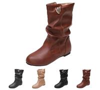Brown Slouchy Mid Calf Boots for Women No Heels PU Leather Pull-On Flat Low Heel Comfy Casual Pixie Soft Slouch Calf Length Boots Round Toe Under Knee High Shoes for Fall/Winter Footwear UK 5