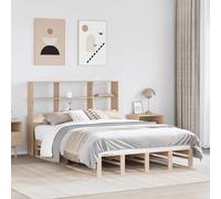 Brown Solid Pine Bookcase Bed Frame King Size 150x200 cm with Slatted Base Shelf