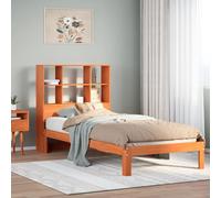 Brown Solid Pinewood Bookcase Bed 100x200cm Slatted Base Headboard Storage