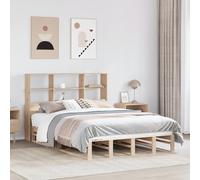 Brown Solid Pinewood Bookcase Bed Frame 160x200cm with Slats, Storage Headboard