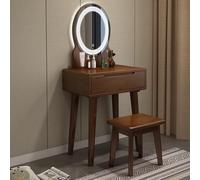 Brown Solid Wood Dressing Table Set with Integrated Storage Drawer Vanity Mirror with Lights & Makeup Stool - Ideal for Small Bedrooms 31.5in