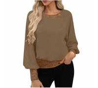 Brown Sparkly Tops for Women UK Solid Color Tshirts Crew Neck Sequin Trim Long Sleeve Ladies Party Tops - Casual Daily & Office Blouse Evening Loose Fit Tunic Lightweight Tees