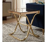 Brown Square Glass Top Side Table with Gold Finish Metallic X-Shaped Base | Kens