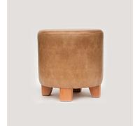 Brown Storage Ottoman Stool, Round Footrest with Wooden Legs, Versatile Pouf for Living Room & Bedroom, 29x29x35cm, Stylish Footrest & Makeup Vanity Seat.