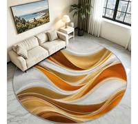 Brown Stripe Ripple Round Rug 90 cm, Modern Washable Floor Carpet | Contemporary Linear Pattern Circle Mat, Non-Slip Low Pile Rubber Base, Easy Clean Accent Rug for Sofa & Cosy Hallway
