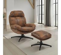 Brown Swivel Armchair With Footstool In Faux Leather Suede