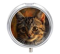 Brown Tabby Cat Pill Box Travel Pill Case for Purse Pocket Weekly Medicine Organizer with Mirror 3 Compartment Round Medicine Case Portable PillcaseHolder for Daily