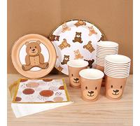Brown Teddy Bear Baby Shower Plates - Teddy Bear Paper Plates, Disposable Cups, Napkins with Firework Pattern in Golden Border for 24 Theme Party Supplies, Baby Shower, Wedding, Birthday