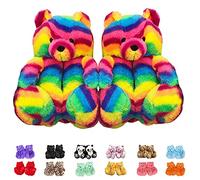 Brown Teddy Bear Cartoon Slippers for Women and Girls - Home Indoor Winter Shoes, Soft Cute Warm Anti-Slip Faux Fur Slippers (A Colourful Teddy Bear)