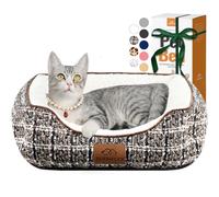 Brown Tweed 20inch Cat Dog Bed for Pets, Rectangle Pet Bed Gift for Puppy and Kitten, Machine Washable Calming Fluffy Pet Couch Sofa for Indoor Outdoor, Portable Soft Cat Bed with Non-Slip Bottom
