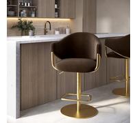 Brown Velvet Adjustable Swivel Bar Stool with Gold Base - Ronnie