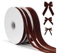 Brown Velvet Ribbon for Gift Wrapping, 3 Rolls Vintage Thin Velvet Ribbon Set for Christmas Tree Decoration, 3/8, 5/8, 1 inch Wide, 30 Yards Totally, Thick Christmas Ribbons for Bow Ornaments