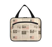 Brown Vintage American Newspaper Hanging Travel Toiletry Bags with Hook, Designer Foldable kit Bag for Travel Essentials Trip bolso para maquillaje L
