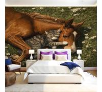 Brown Wall Mural 250 x 180 cm Animals Cats and Horses Non-Woven Art Print Wallpaper Mural for Walls Living Room Bedroom TV Background Boys Girls Kids Rooms Decoration