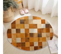 Brown Washable Round Area Rugs - Vintage Geometric Patchwork Leather Pattern Print Short Pile Soft Area Rug, 90 cm Non-Slip Circle Carpet for Kitchen Entryway Bedroom Children's Room Decor