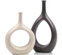 Brown White Vase Ceramic Off White Vases Home Decor,Modern Minimalist Circle with Hole Decorative Vase, Hollow Ellipse Flower vases for Bookshelf, Fireplace Mantle, Centerpieces,Farmhouse,Rustic Décor