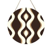 Brown White Wavy Lines Retro Mid-Century Wooden Welcome Sign For Front Door,30cm Round Hanging Wall Sign Plaque Farmhouse Decorations
