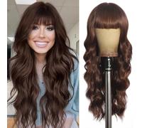 Brown Wig with Bangs Long Curly Women Wig Chocolate Brown Wavy Wig Skin Friendly Synthetic Fiber Festival Holiday 26 Inch