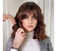 Brown Wig with Bangs Short Wavy Wigs for Women Brown Wig with Reflections Shoulder Length Synthetic Fiber Wigs for Daily Party Use 14 Inches