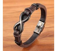 (Brown with Black, 23cm) Luxury Genuine Leather Infinity Symbol Mens Bracelet Stainless Steel Buckle