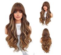 Brown with blond highlights long wavy wigCurly synthetic heat resistant hairNatural beach wave curlsSuitable for Halloween/Christmas/Party A,75cm