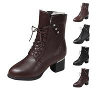 Brown with Warm Lining Ladies Block Heeled Lace up Ankle Boots mid chunky heel Fashion Heeled Booties Shoes Side Zip Mid Shaft Calf Boot Footwear UK 6.5