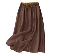 Brown Women Cotton Linen Midi Skirts Casual Summer Drawstring Long Skirt UK Ladies Everyday Holiday Spring Summer Comfy Soft Vacation Work Party Skirts Solid Colorplain Lightweight Skirt Dress