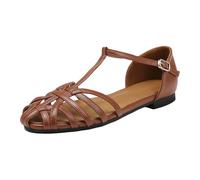 Brown Women's Closed Toe Flat Sandals Caged T Strap Comfortable Adjustable Buckle Hollow out Roman Fisherman Gladiator Sandal Vintage Casual Beach Sandals Ladies Footwear Size 6