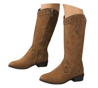 Brown Women's Faux Suede Knee-High Boots Mid Chunky Block Low Heel Studded Western Cowboy Boots Pointed Toe Pull on Side Zipper Slouch Riding Boots Footwear Gift UK 5