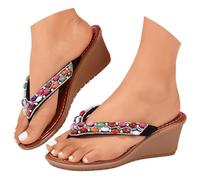 Brown Women's Flip Flops Low Wedge Heel Bohemia Beaded Toe Post Sandals Ladies Sparkly Flip Flops Slide Thong Sandals Footwear Size 6