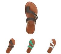 Brown Women's Leather Flip Flops Open Toe Slip on Strap Thong Beach Flat Slides Sandals with Toe Ring Lightweight Outdoor Slippers Comfortable Ladies Dress Shoes Footwear Size 7