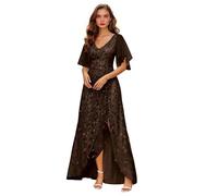 Brown Women's Mother of The Bride Dresses for Wedding Guest Sequin Tulle V Neck Ruffle Sleeve Long Formal Evening Gown with Split 10