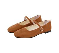 Brown Womens Suede Mary Jane Flats Square Toe Ballet Shoes with Adjustable Strap Comfortable Casual Work Shoes for Women