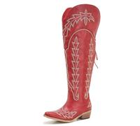Brown Womens Wide Calf Over the Knee Western Cowboy Boots Adjustable Tie Cowgirl Boots Plus Size Low Heel Square Toe Long, Red, 9 UK Wide