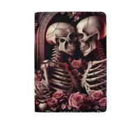Brown Wood Board Pattern Passport Case Passport Covers for Women, Valentine's Day Skull Couple Till Death Do Us Part