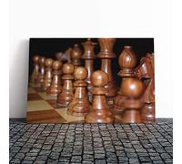 Brown Wood Chess Board Game Canvas Print | Gallery Wrapped 30mm Frame Wall Art | 30x20 inches | Ready to Hang | Modern Landscape Picture | Living Room Bedroom Lounge Office