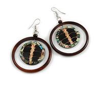 Brown Wood Hoop Earrings with Shell Element Silver Tone Closure - 70mm Long