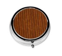 Brown Wood Pattern Round Mini Pill Box: 3-Compartment Portable Metal Pill Organizer with Snap Closure, Ideal for Daily Travel Use