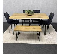 Brown Wooden Dining Table with 4 Black Velvet Chairs And Bench