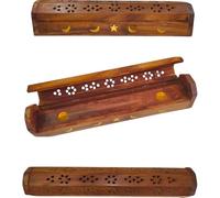 Brown Wooden Incense Holder with Sun & Moon Design - Handcrafted Ash Catcher for Sticks & Cones