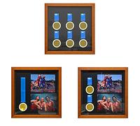 Brown Wooden Medal Display Case with Shadow Box - Holds 6 Medals & 2 Race Photos - Marathon, Runner, Military, Sport Awards & Gifts (13x13 inch)